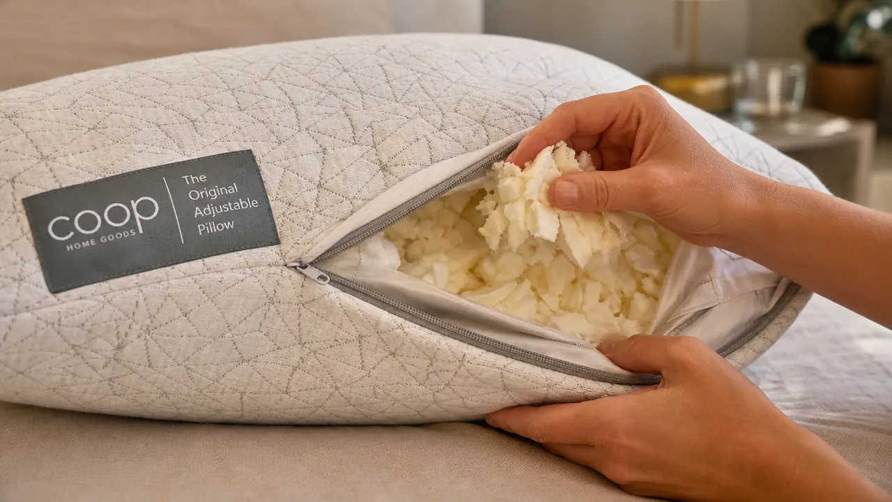 Hand unzipping the inner chamber of a Coop Home Goods Crescent pillow to remove shredded foam fill