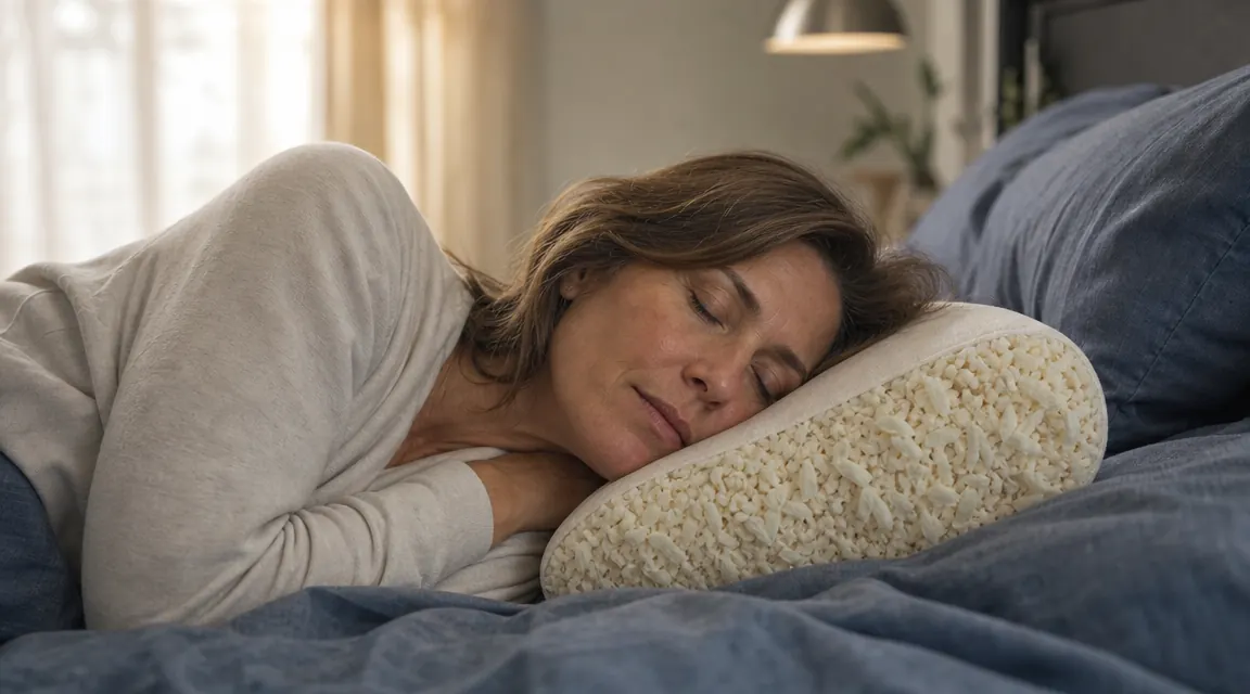 Woman side-sleeping on a shredded foam pillow with soft morning light, relaxed and undisturbed