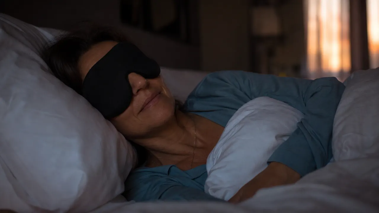 Woman sleeping peacefully in a dark bedroom wearing a contoured sleep mask, soft morning light visible through curtains