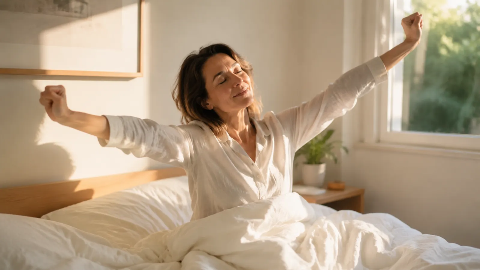 Person waking up refreshed, stretching in bed with soft morning light, relaxed expression