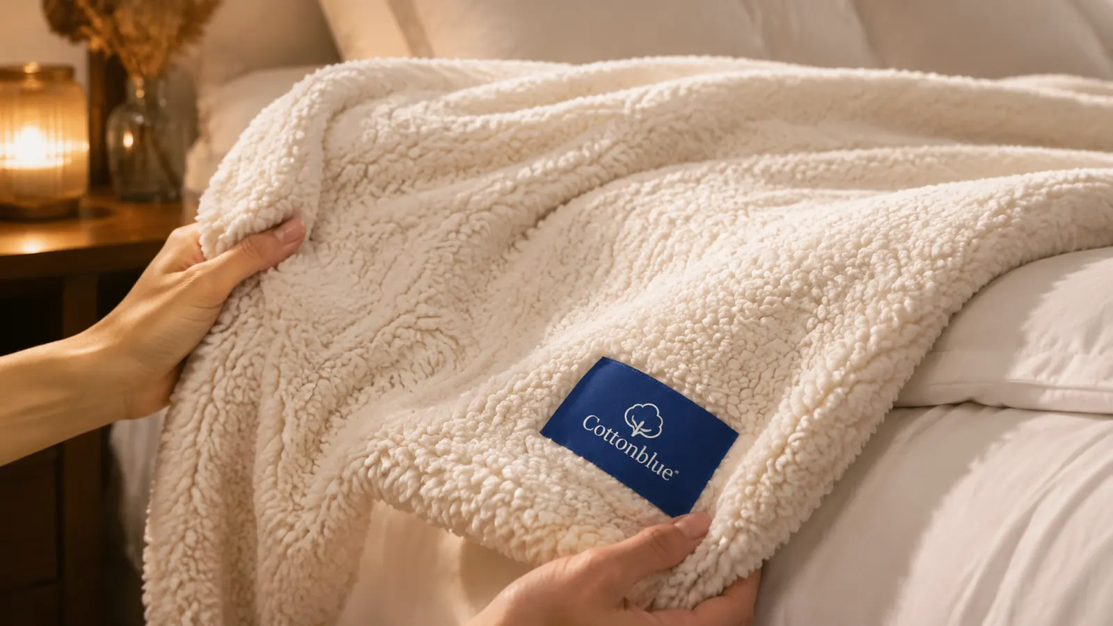 Close-up of the Cottonblue weighted blanket's plush sherpa texture draped over the edge of a bed