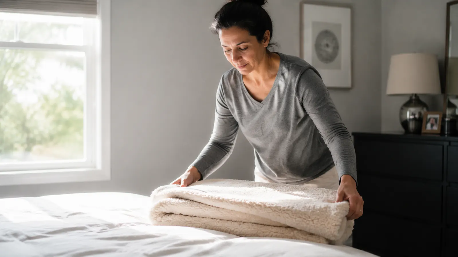 Person folding a large weighted blanket on a bed in a bright morning bedroom, suggesting easy handling
