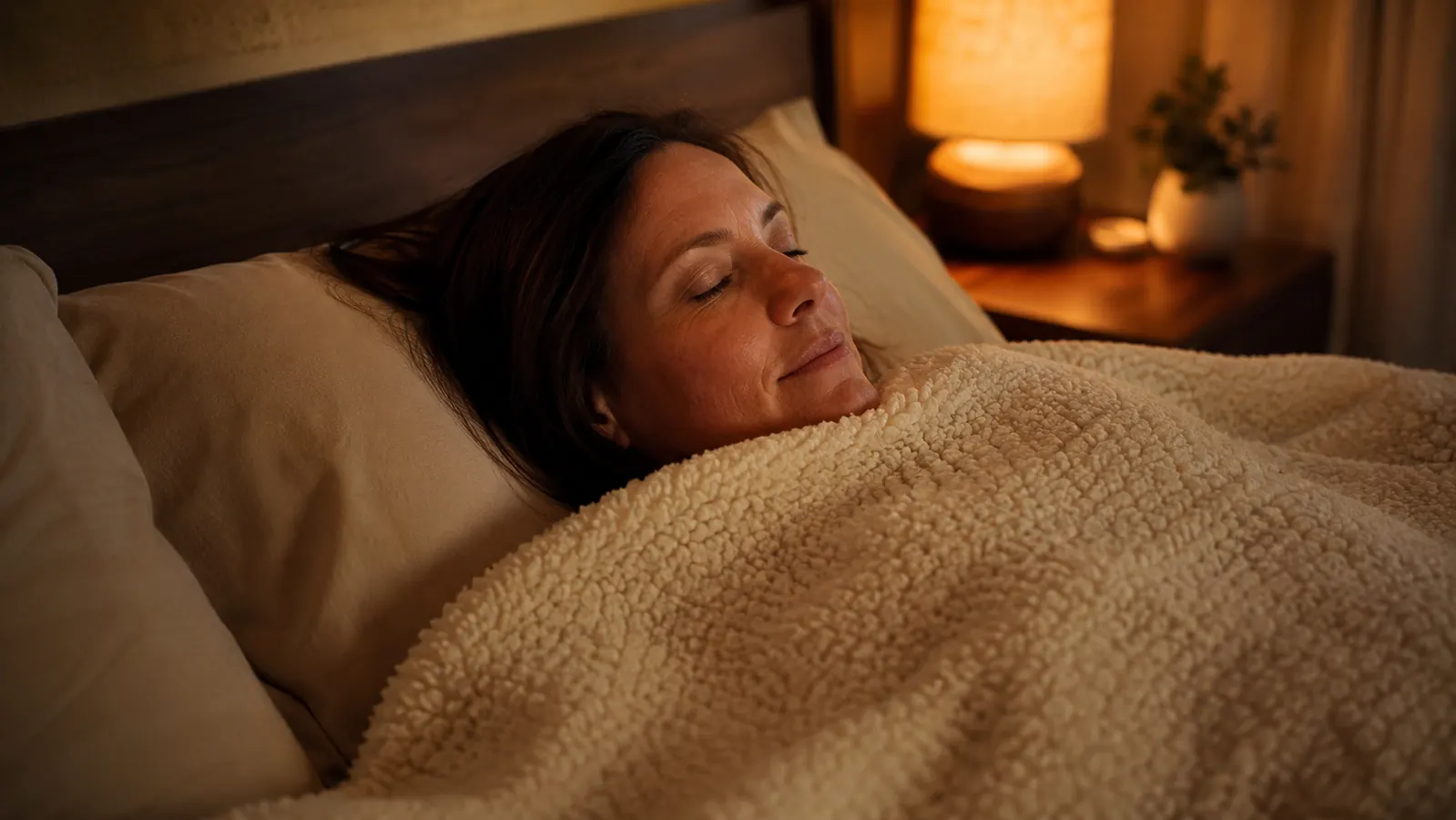 Woman lying under a thick sherpa weighted blanket in a dimly lit bedroom, eyes closed, expression relaxed