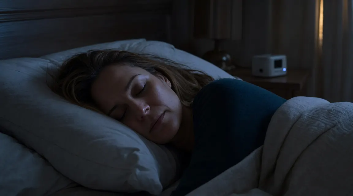 Adult woman sleeping peacefully in a dark bedroom with a white noise machine nearby