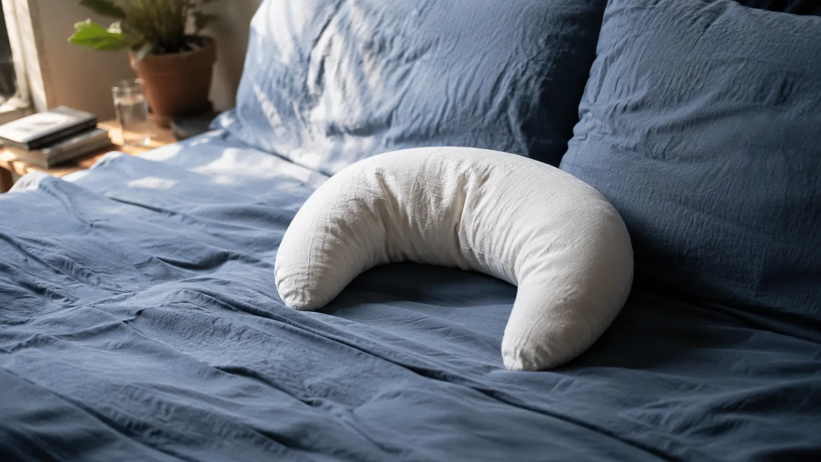 A white crescent-shaped pillow on a rumpled slate-blue duvet in morning bedroom light, slightly compressed from overnight use