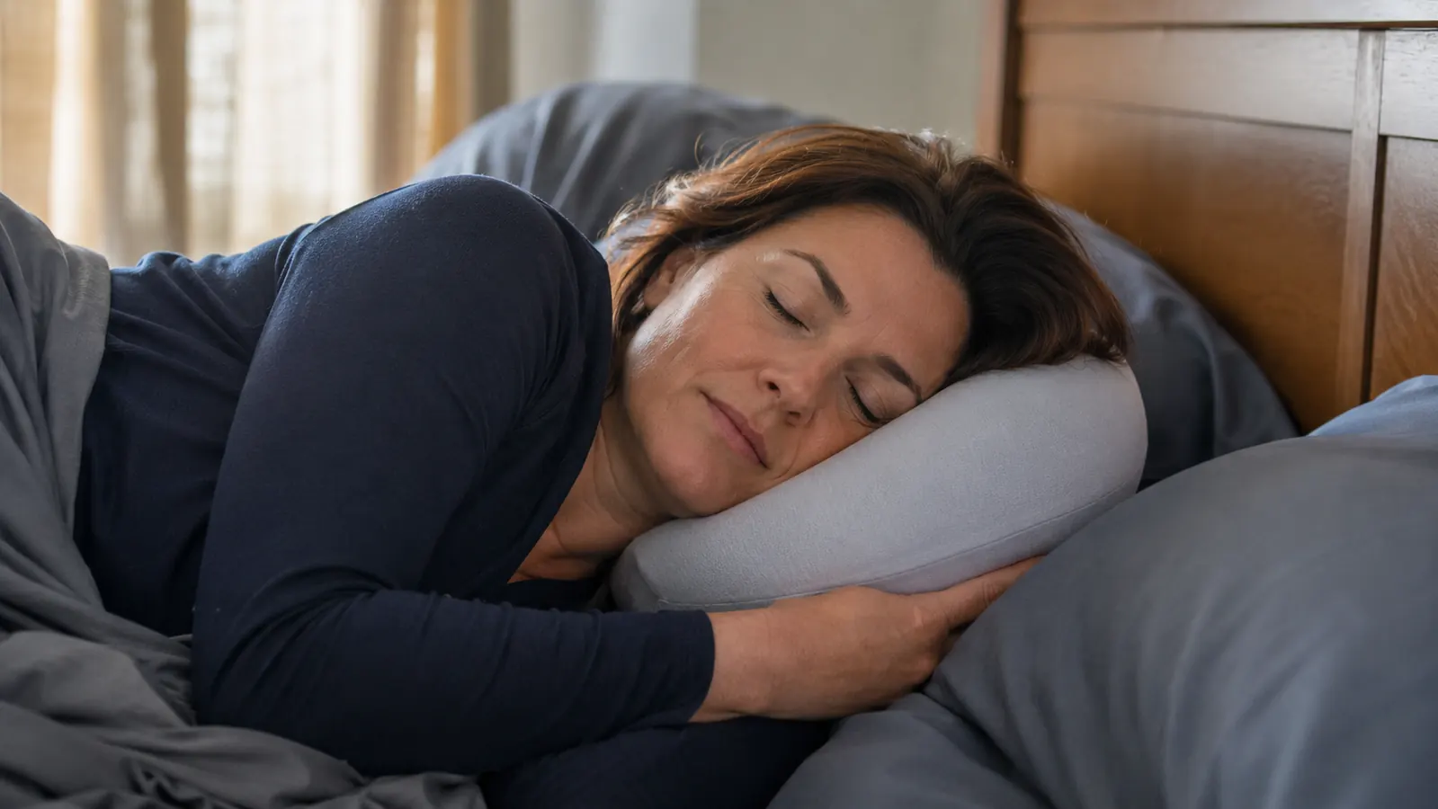 A side sleeper on a cream-colored pillow in soft morning bedroom light, shoulder visible above the pillow's curved crescent edge