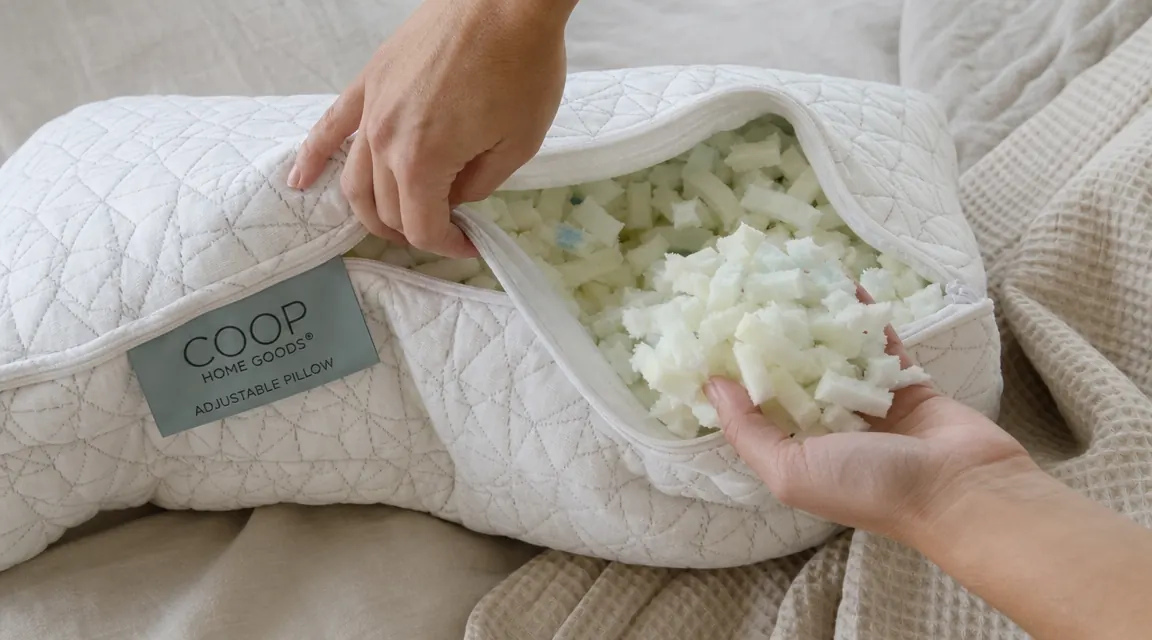 Close-up of hands unzipping the Coop Home Goods Crescent pillow to adjust the shredded foam fill level