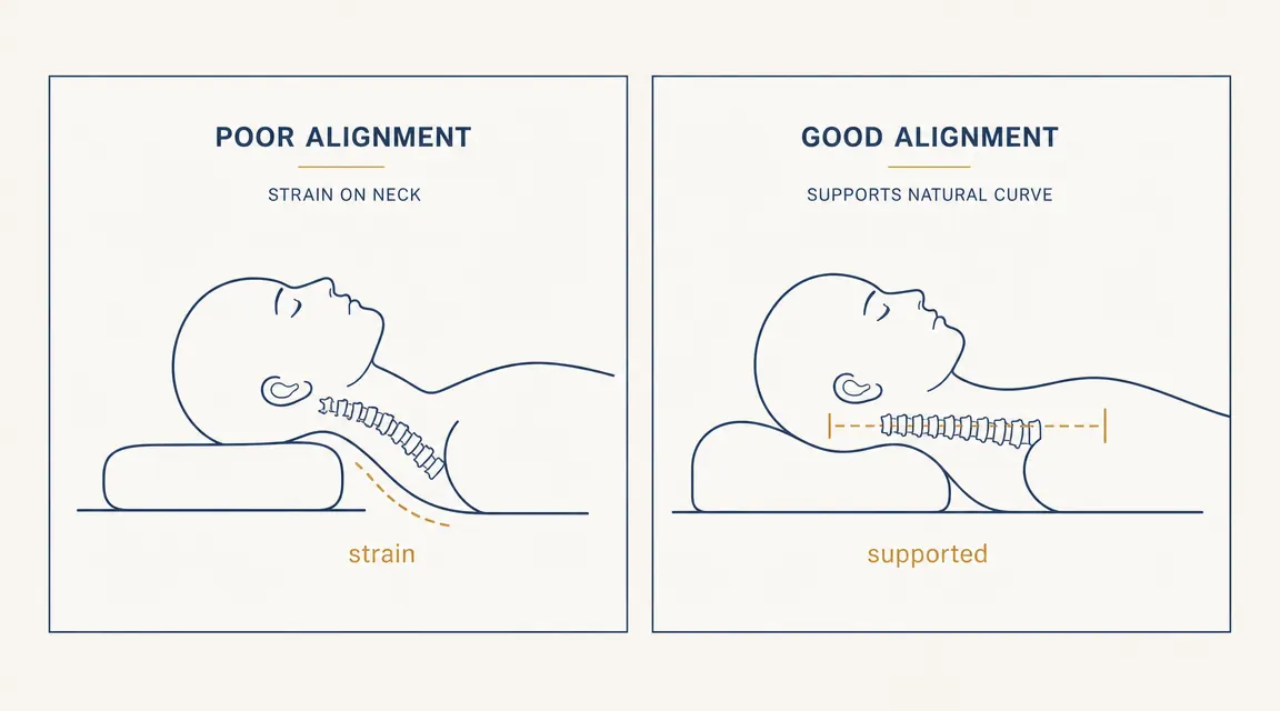Side-view diagram showing correct cervical spine alignment with a high-loft side-sleeper pillow versus head dropping on a flat pillow