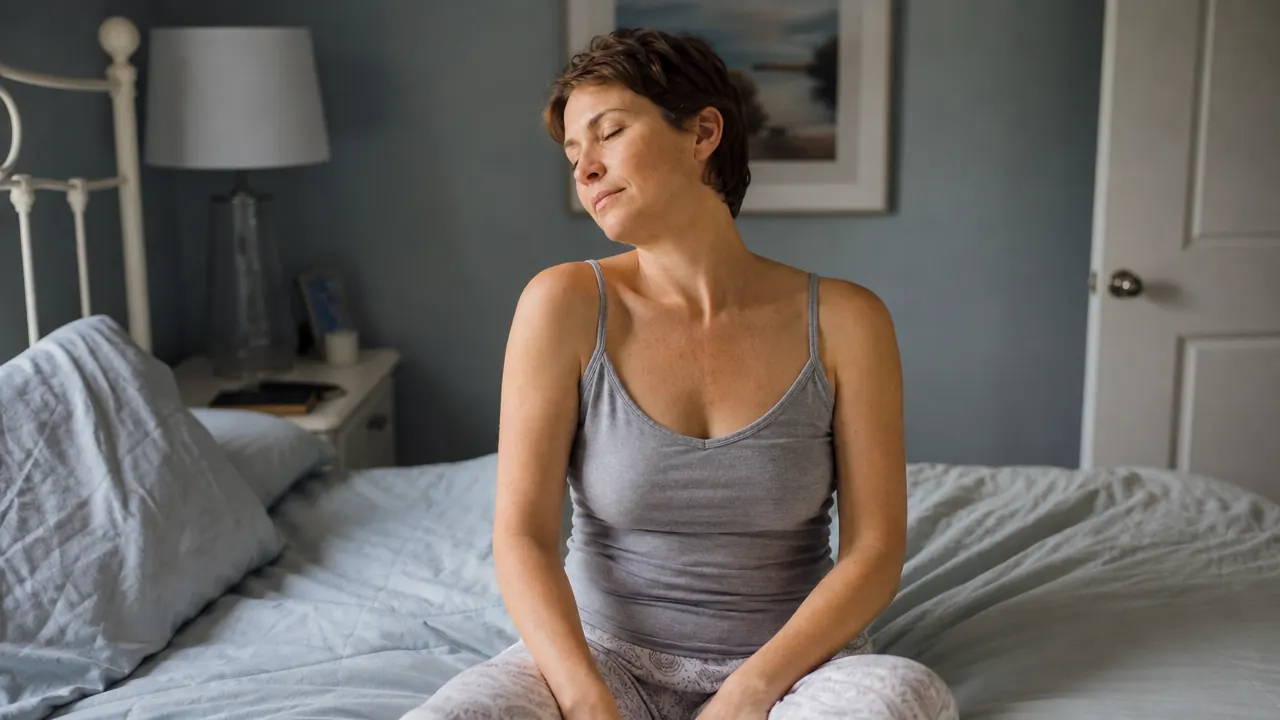 Woman sitting on the edge of a neatly made bed in soft morning light, gently rolling her neck after waking, bedroom calm and quiet