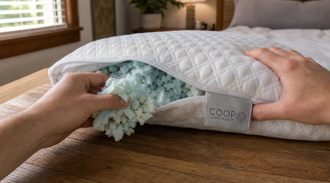 Hand adjusting the fill level of a shredded foam pillow, removing a handful of foam from a zippered opening