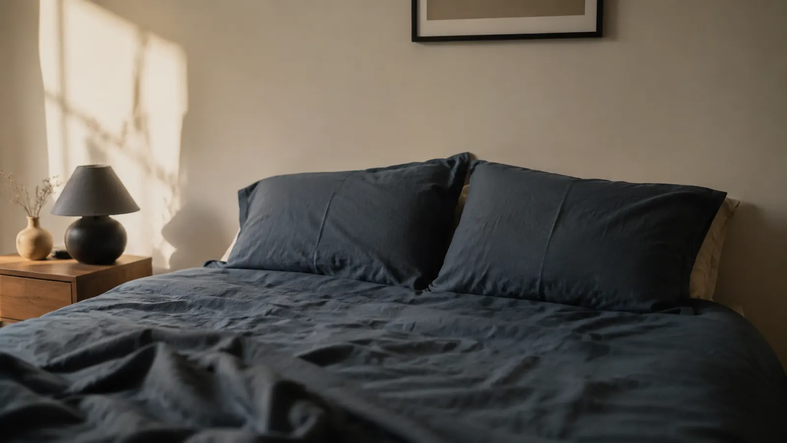 Two premium pillows side by side on a neatly made bed in soft morning light, one shredded foam and one structured gel grid
