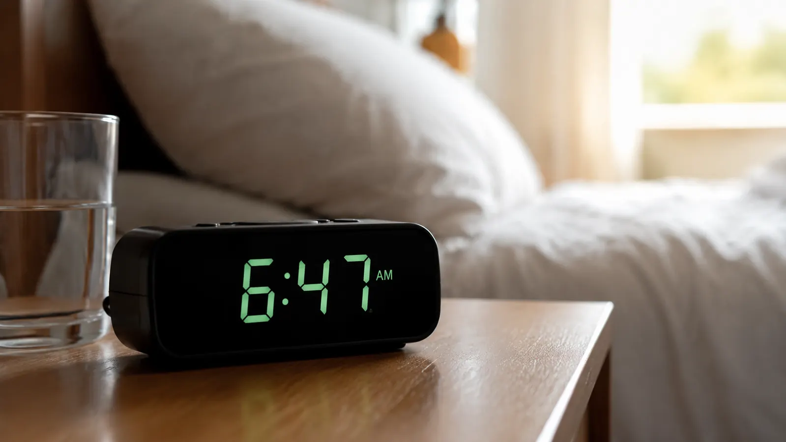 Close-up of a digital alarm clock reading 6:47am on a nightstand beside a glass of water