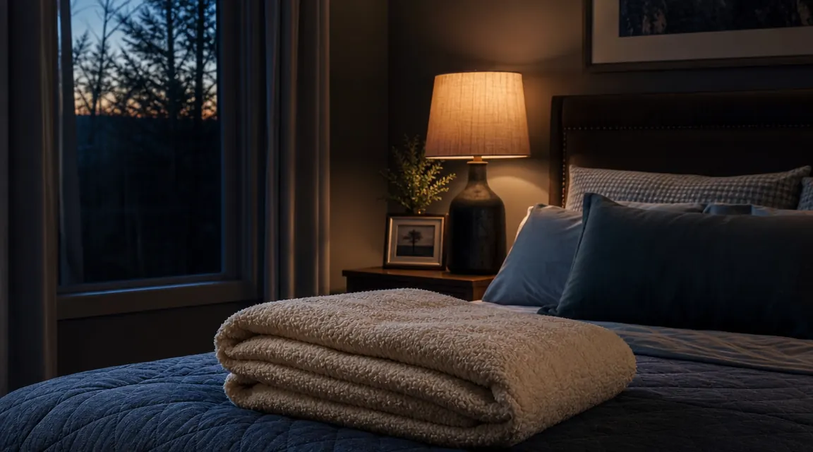 Soft blue-toned bedroom at night, dim lamp on a nightstand, a plush weighted blanket draped across the bed