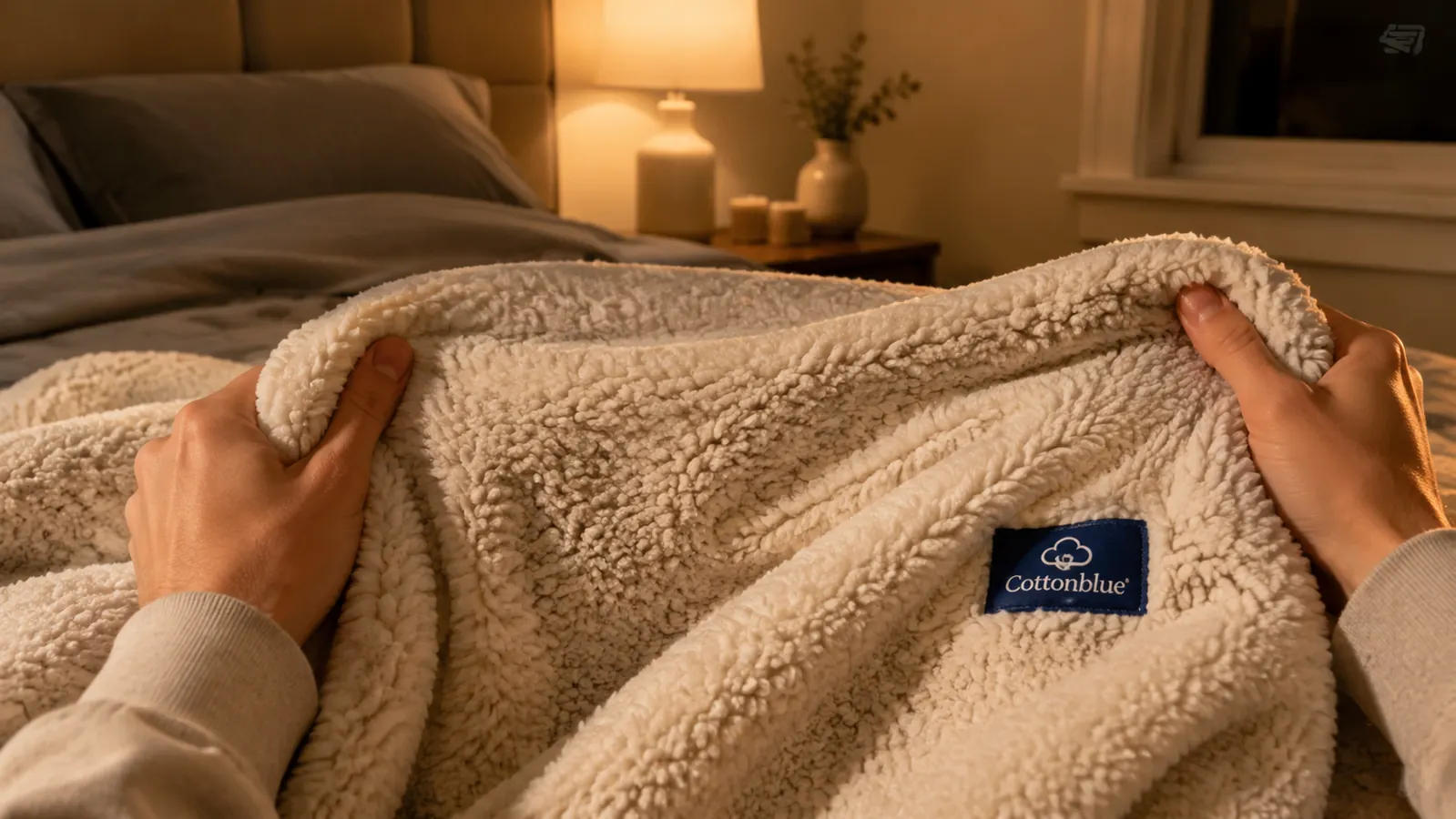 Close-up of the Cottonblue weighted blanket sherpa texture draped over a bed