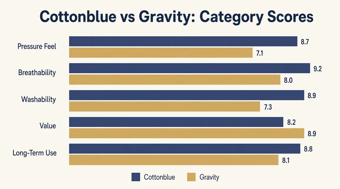 Chart comparing Cottonblue and Gravity weighted blanket ratings across five categories