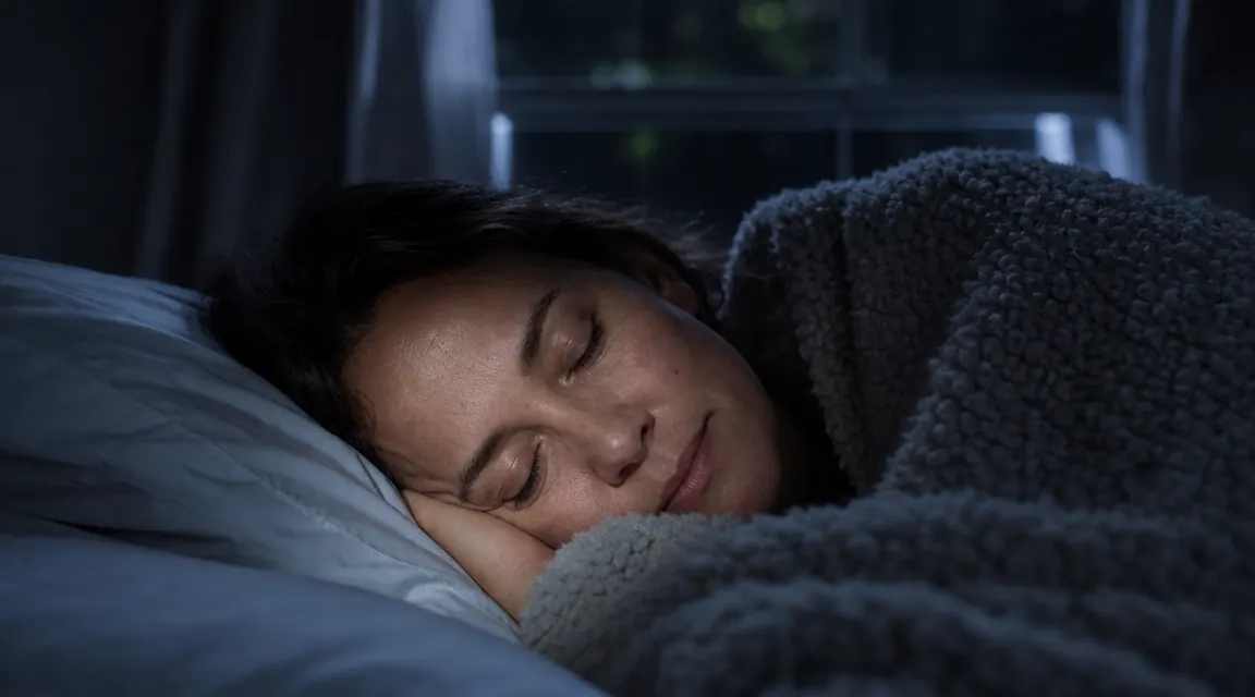 Person sleeping peacefully under a weighted blanket in a dark, quiet bedroom