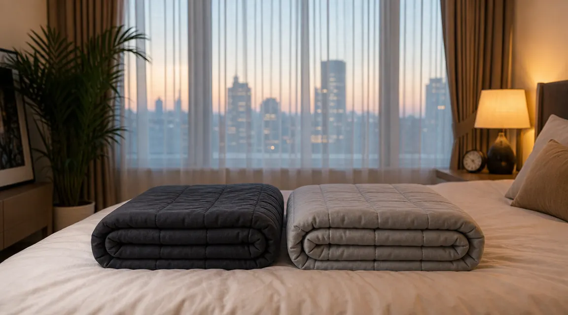 Two weighted blankets folded side by side on a bedroom bed in soft evening light