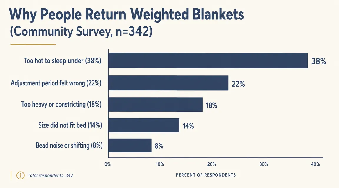 Bar chart comparing who returns weighted blankets by reason: too hot, too heavy, adjustment discomfort, bead noise, size mismatch