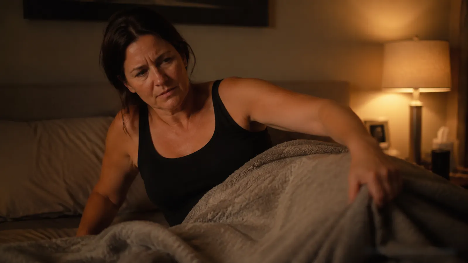 A person sitting up in bed pushing a heavy weighted blanket off their legs with visible effort, nighttime bedroom setting