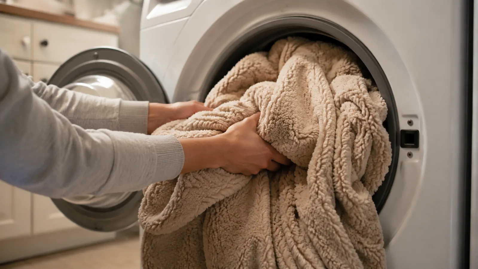 A washing machine with a large weighted blanket being loaded into a front-loading drum, laundry room setting
