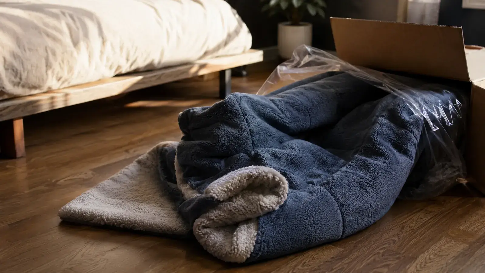 A Cottonblue weighted blanket half-unboxed on a bedroom floor, sherpa side visible, soft natural light from a window