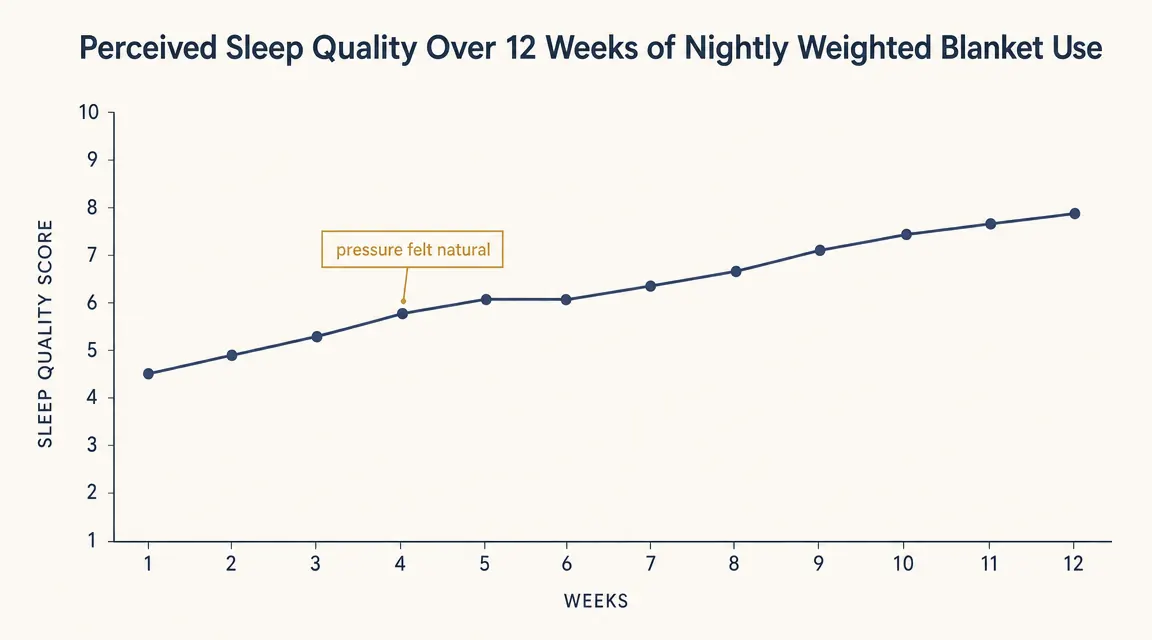Simple chart showing sleep quality score improving from week 1 through week 12 of weighted blanket use, labeled in clean sans-serif