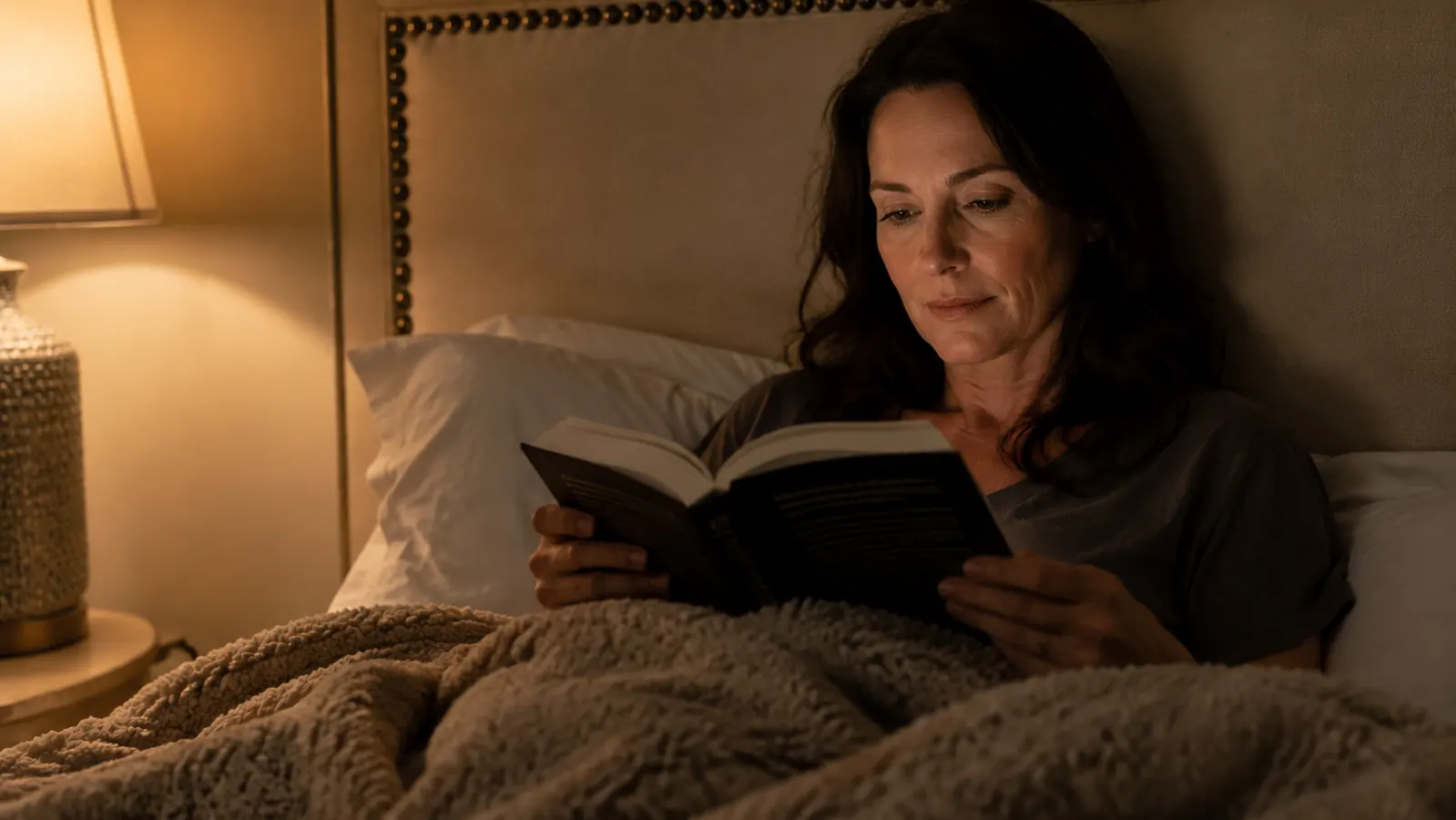 A woman sitting up in bed reading, a weighted blanket draped across her lap and legs, bedside table with a glass of water