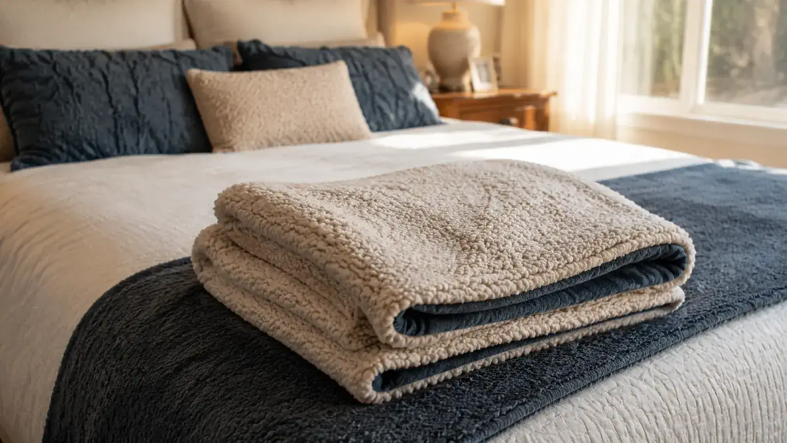 A folded Cottonblue weighted blanket in sherpa plush fabric resting on a bed with warm cream bedding in soft morning light