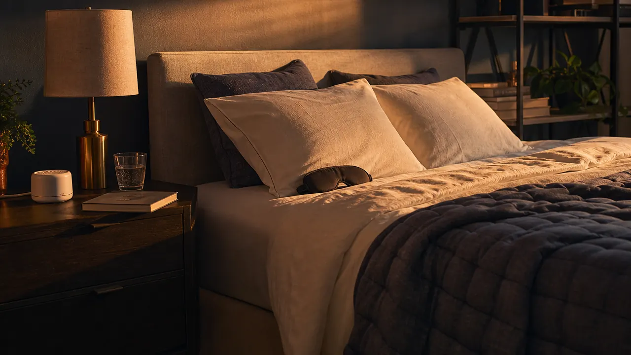 A woman in her 40s sleeping peacefully in a softly lit bedroom with a weighted blanket pulled up to her shoulders at the dim blue light of early morning