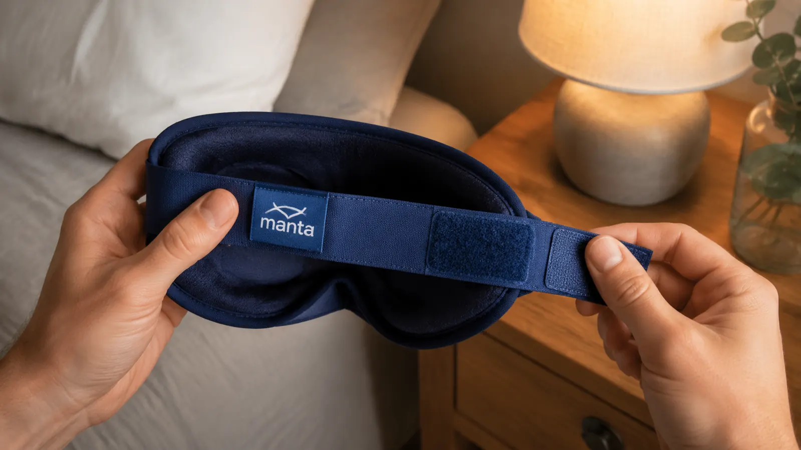 Close-up of hands adjusting the strap on the Manta sleep mask before putting it on