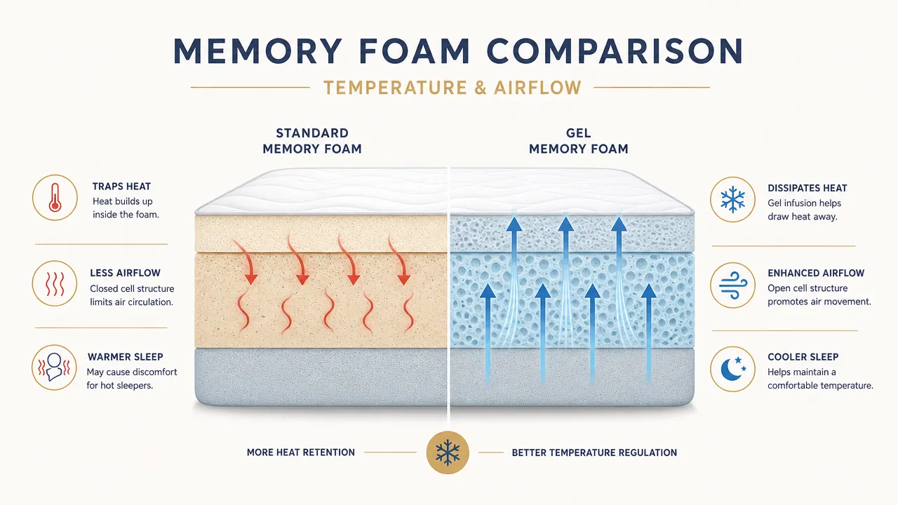 Cross-section diagram comparing heat trapping in standard memory foam versus gel-infused memory foam