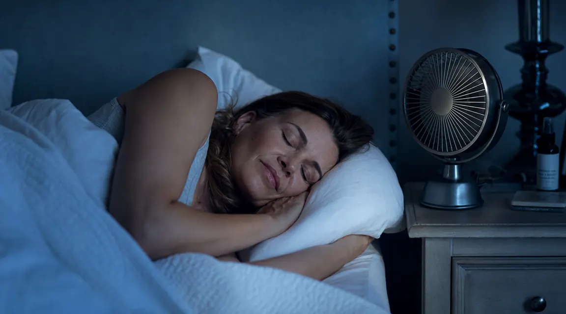 Person lying comfortably on a cool bed at night, soft blue bedroom lighting, fan visible on nightstand