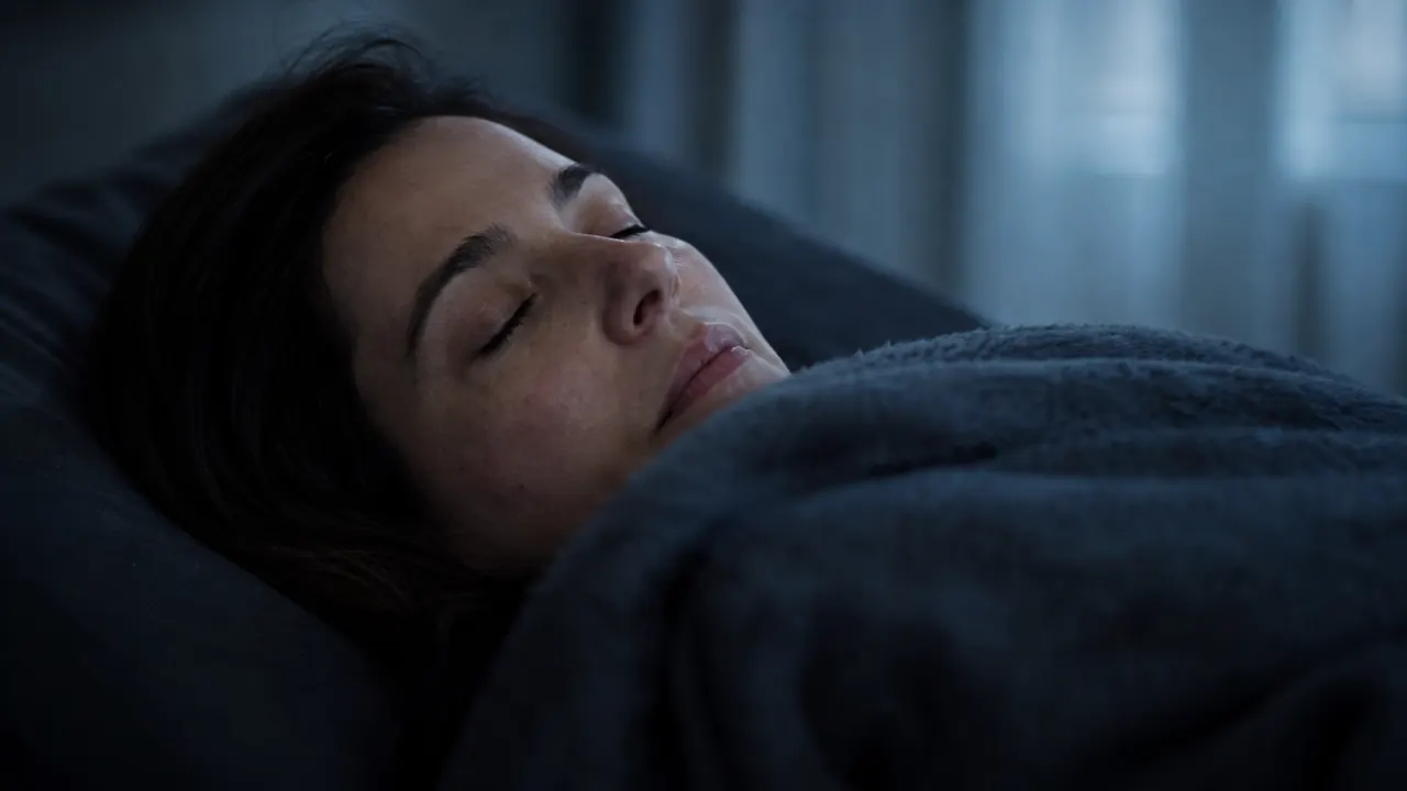 Woman lying in bed under a neatly folded weighted blanket in a softly lit bedroom at night