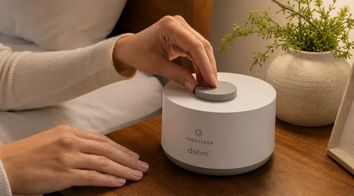 Hand adjusting the tone dial on the top of a Yogasleep Dohm white noise machine