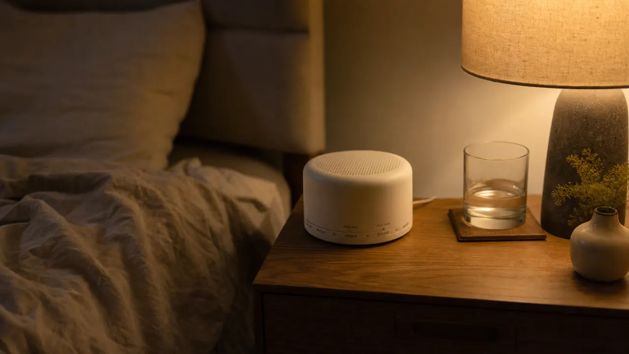 White noise machine on a nightstand beside a glass of water in a dimly lit bedroom
