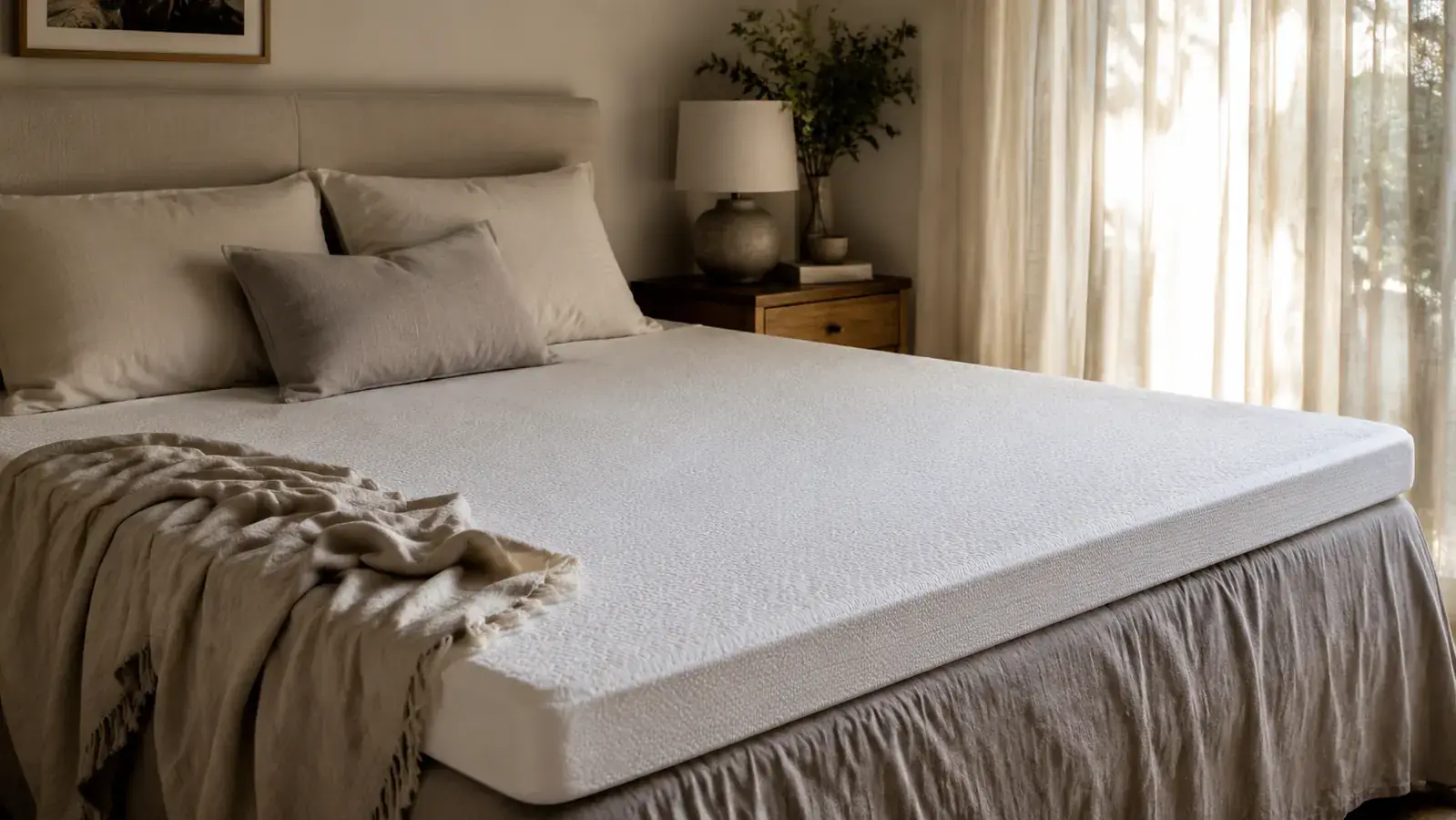 White queen mattress topper unrolled across a bed in a calm, softly lit bedroom with neutral linen bedding