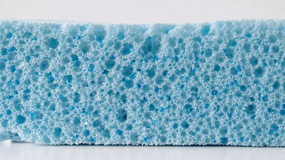 Close-up of blue gel-infused memory foam layer with visible cooling gel beads