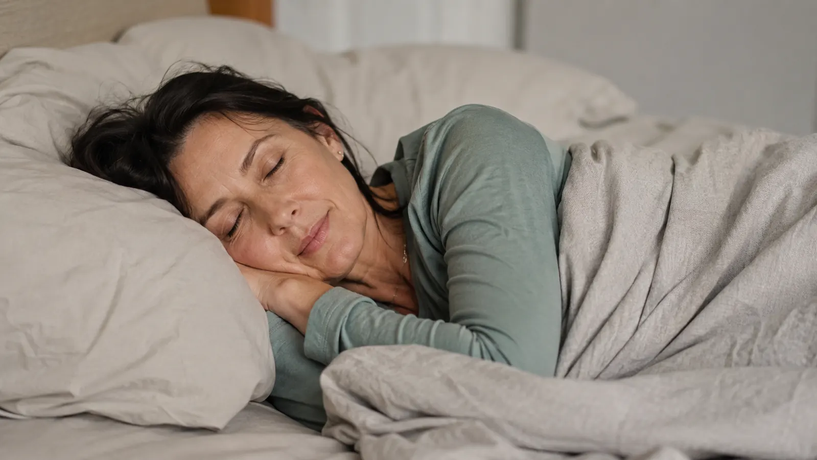 Woman sleeping peacefully on her side in a dim bedroom