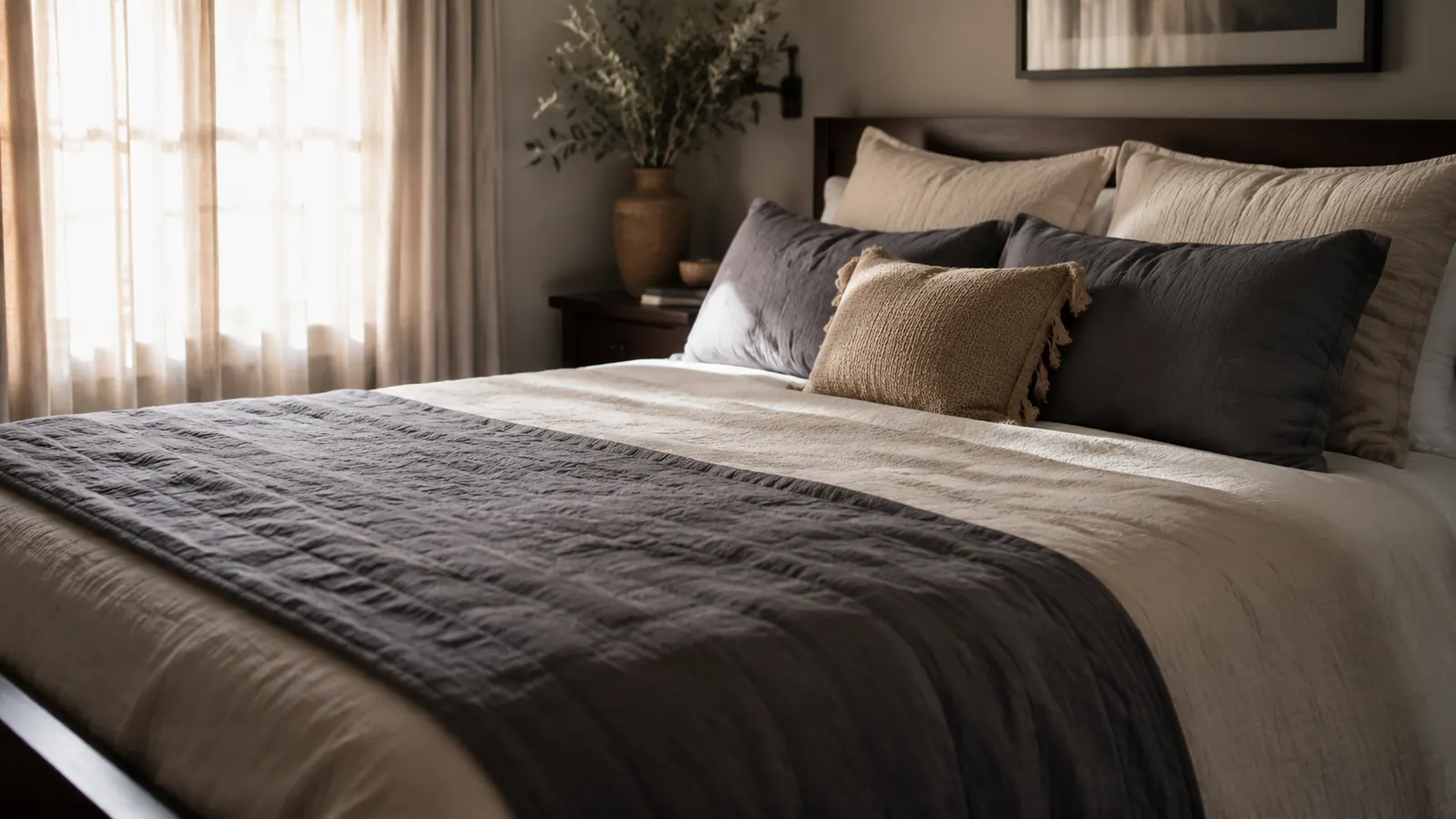Bedroom at dawn with warm light on a neatly made bed, mattress topper visible under white sheets