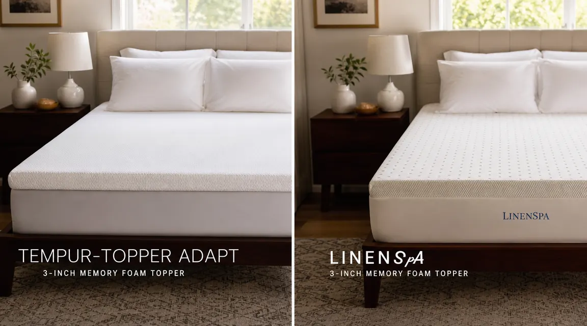 Two memory foam mattress toppers side by side on a neutral linen bed in a softly lit bedroom