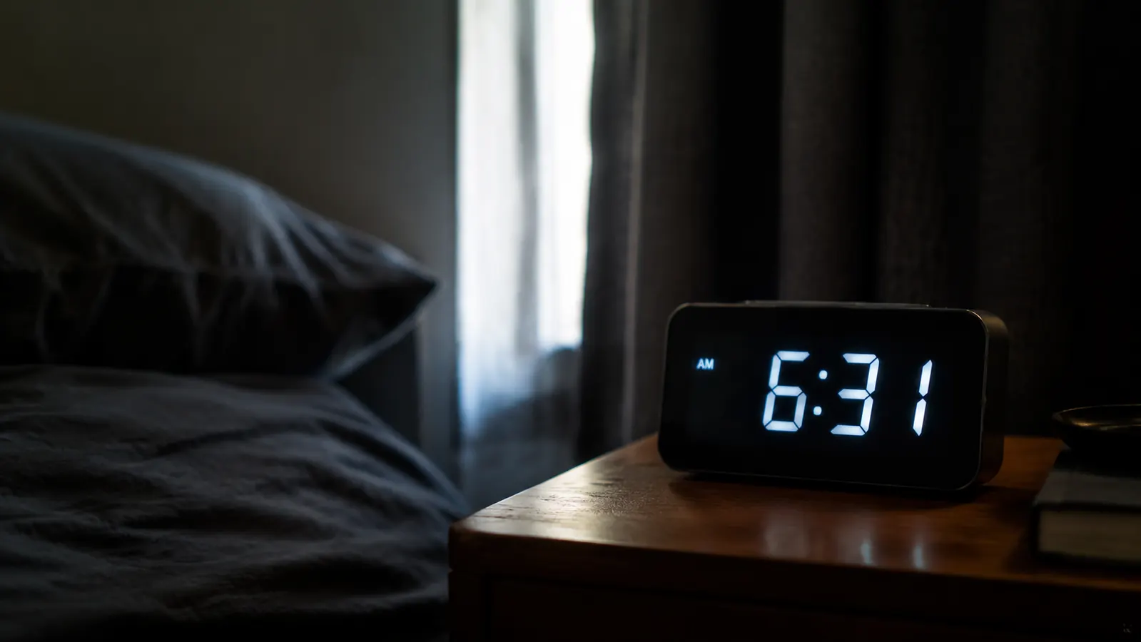 Digital clock on a nightstand showing 6:31am, light spilling through a gap in blackout curtains in the background