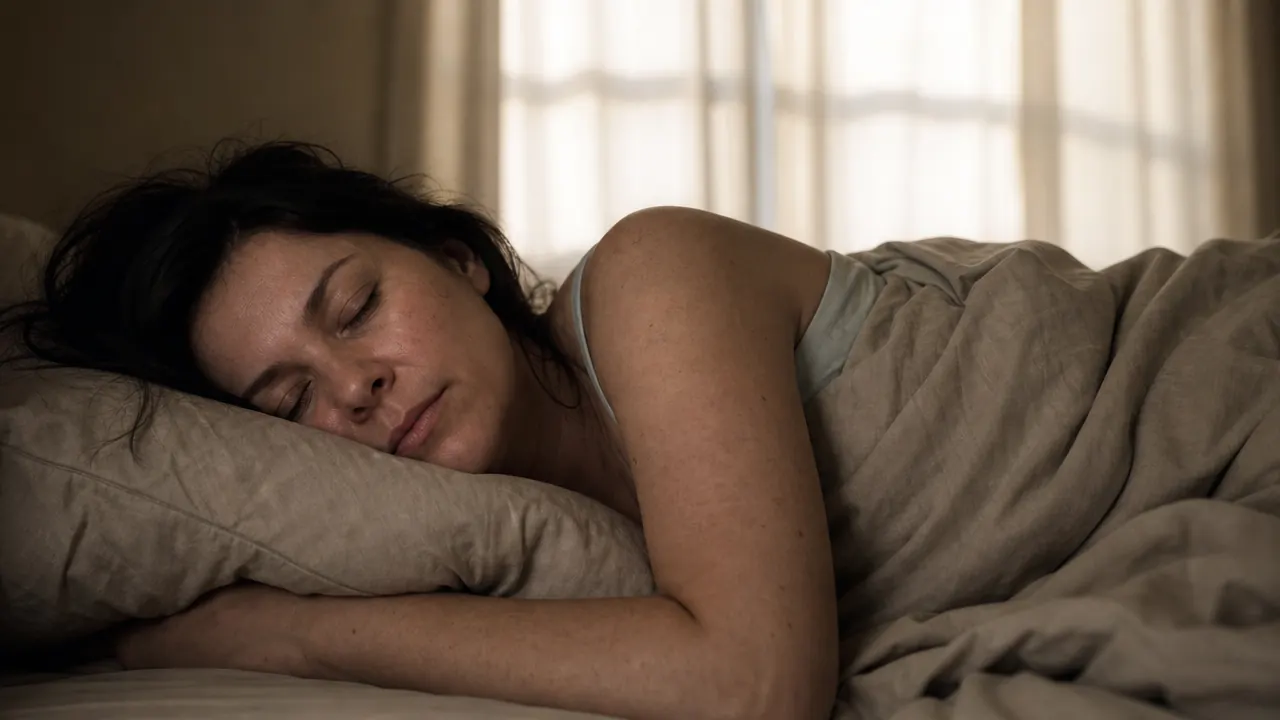Woman lying in bed with eyes closed in a softly lit bedroom at dawn, looking completely at rest