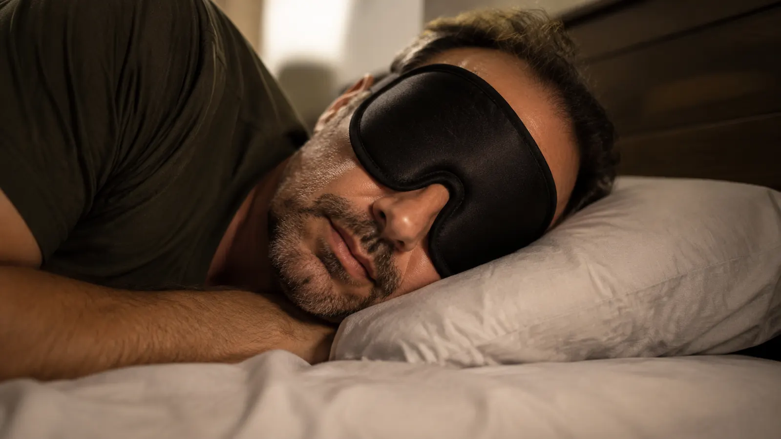 Side sleeper with sleep mask on pillow showing how the eye cup shifts when face is pressed against the pillow