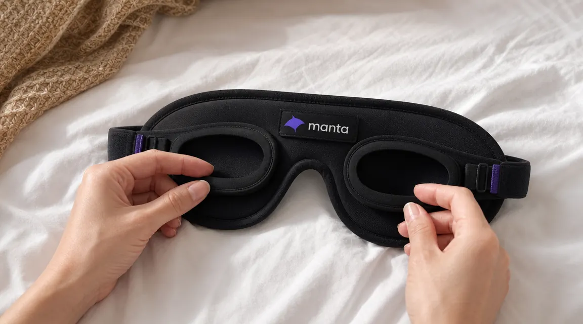 Close-up of the Manta sleep mask's adjustable contoured eye cups being positioned with both hands