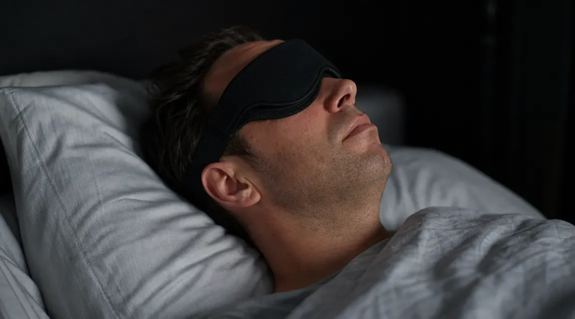 Side view of a person sleeping on their back wearing the Manta sleep mask, head on a white pillow