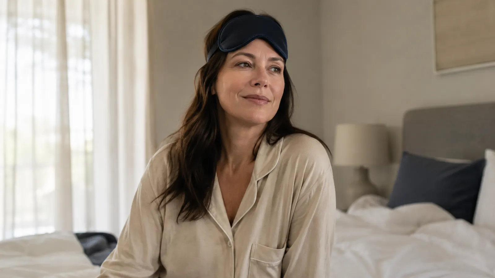 Woman in her 40s sitting up in a softly lit bedroom, Manta sleep mask resting on her forehead, morning light filtering through thin curtains behind her