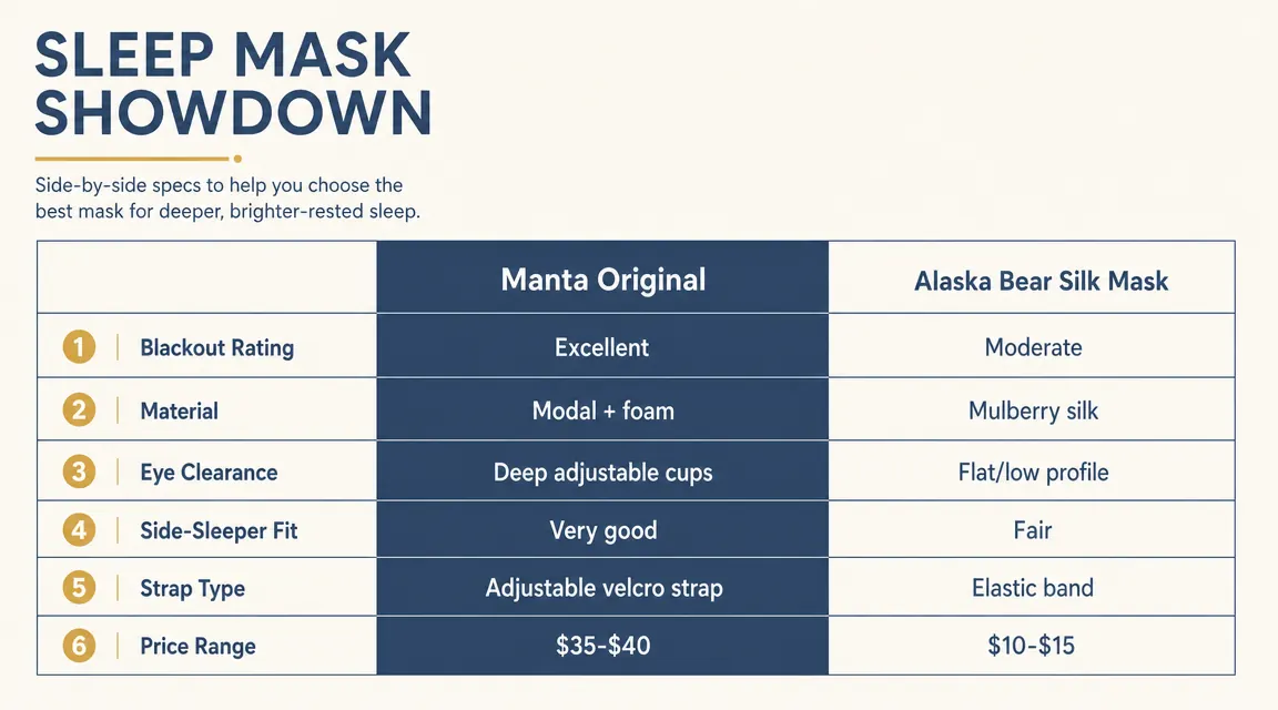 Side-by-side comparison chart: Manta vs Alaska Bear sleep mask specs including blackout rating, material, eye cup depth, and price