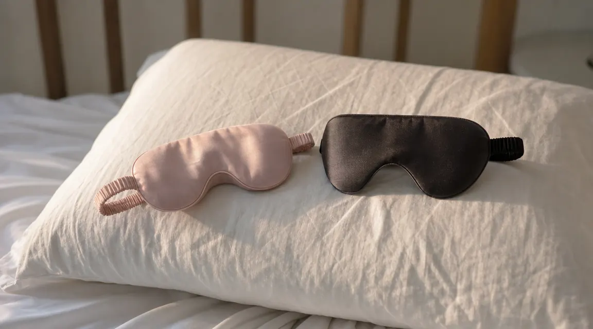 Two sleep masks side by side on a white linen pillow: the structured Manta mask on the left and a flat silk mask on the right