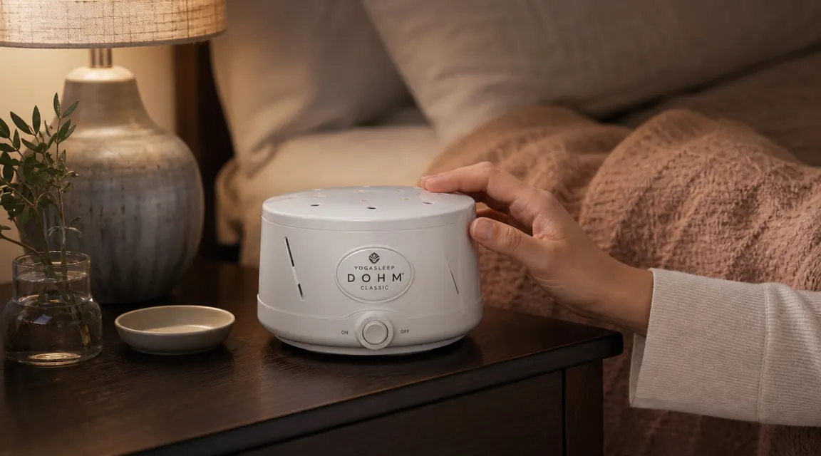 Yogasleep Dohm Classic white noise machine on a nightstand beside a lamp and glass of water