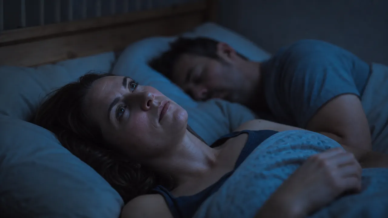 Woman lying awake in a dark bedroom, eyes open, while her partner sleeps peacefully beside her